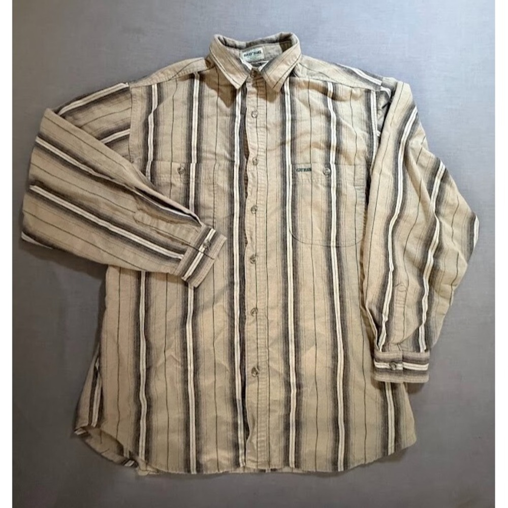 Vintage Guess Jeans Shirt Adult XL‎ Beige Striped Button Up Long Sleeve 90s.